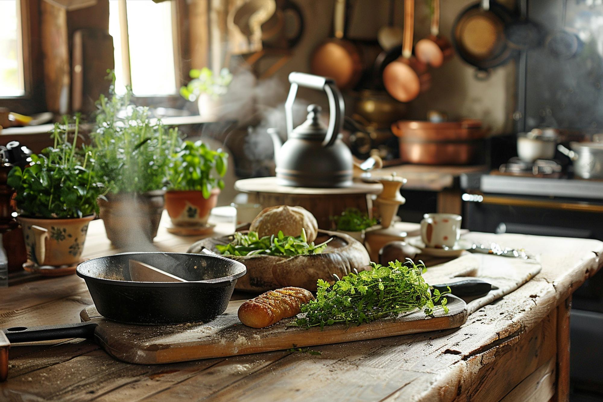Workshop kitchen with pots and pans